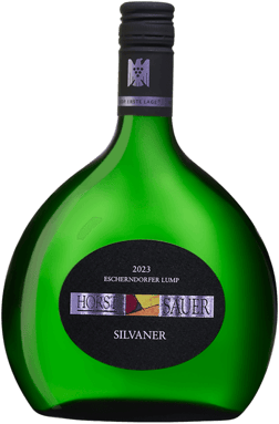 En glasflaska med Weingut Horst Sauer Escherndorfer Lump Silvaner 2023, ett vitt vin från Franken i Tyskland