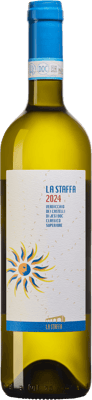 En glasflaska med Heinrich Leithaberg Chardonnay, ett vitt vin från Marche i Italien