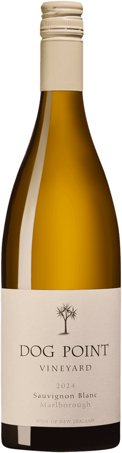 En glasflaska med Dog Point Sauvignon Blanc 2024, ett vitt vin från Marlborough i Nya Zeeland