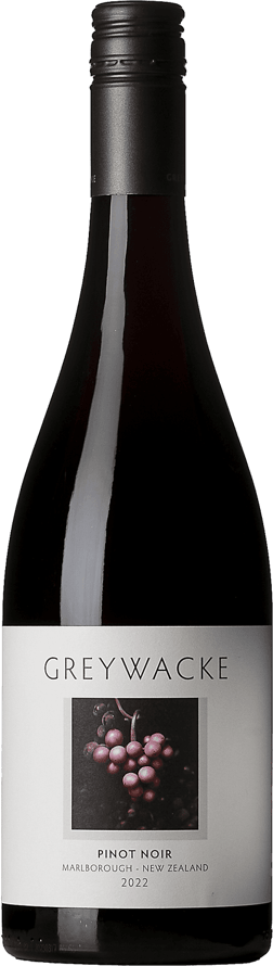 En glasflaska med Greywacke Pinot Noir 2022, ett rött vin från Marlborough i Nya Zeeland