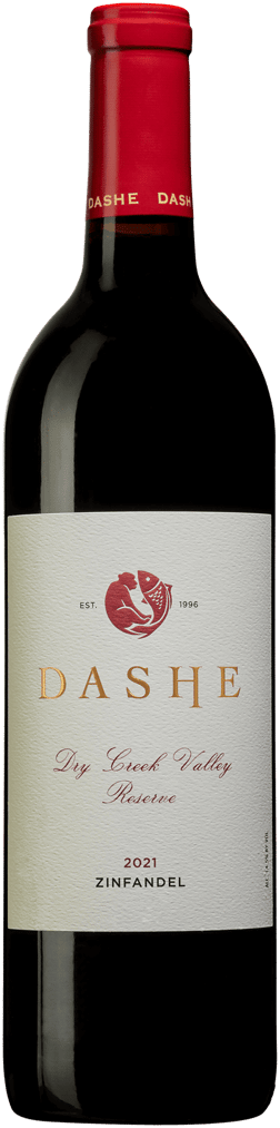 En glasflaska med Dashe Cellars Dry Creek Zinfandel 2021, ett rött vin från Kalifornien i USA