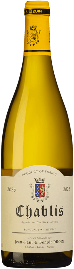 En glasflaska med Jean-Paul & Benoît Droin Chablis 2023, ett vitt vin från Bourgogne i Frankrike