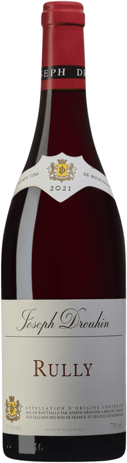 En glasflaska med Joseph Drouhin Rully Rouge 2021, ett rött vin från Bourgogne i Frankrike