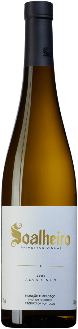 En glasflaska med Soalheiro Primeiras Vinhas 2022, ett vitt vin från Vinho Verde i Portugal