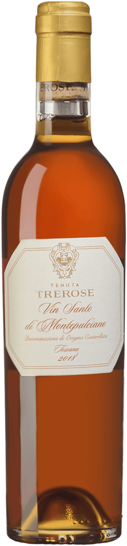 En glasflaska med Angelini Tenuta TreRose Vin Santo di Montepulciano 2018, ett vitt vin från Toscana i Italien