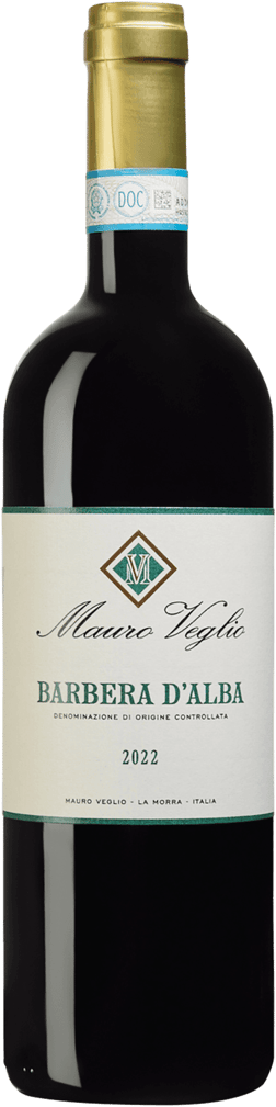 En glasflaska med Mauro Veglio Barbera d'Alba 2021, ett rött vin från Piemonte i Italien