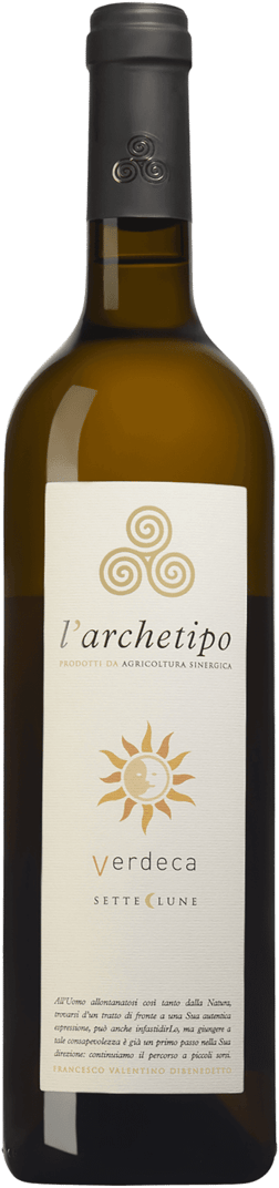 En glasflaska med Domaine Santa Duc Habemus Papam 2021, ett vitt vin från Apulien i Italien