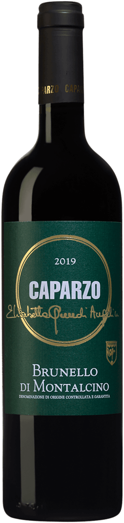 En lättare glasflaska med Caparzo Brunello di Montalcino 2019, ett rött vin från Toscana i Italien