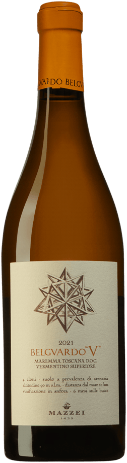 En glasflaska med Marchesi Mazzei Belgvardo V 2021, ett vitt vin från Toscana i Italien