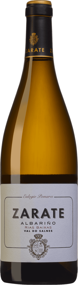 En glasflaska med Zarate Albariño 2023, ett vitt vin från Galicien i Spanien
