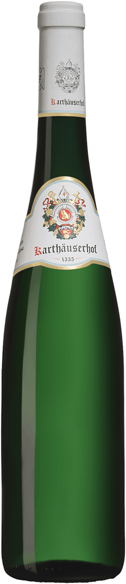 En glasflaska med Weingut Karthäuserhof Riesling Edition Tyrell 2014, ett vitt vin från Mosel i Tyskland