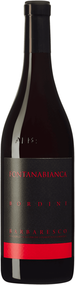 En glasflaska med Fontanabianca Barbaresco Bordini 2021, ett rött vin från Piemonte i Italien