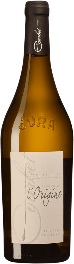 En glasflaska med Courbet Savagnin l'Origine 2022, ett vitt vin från Jura i Frankrike