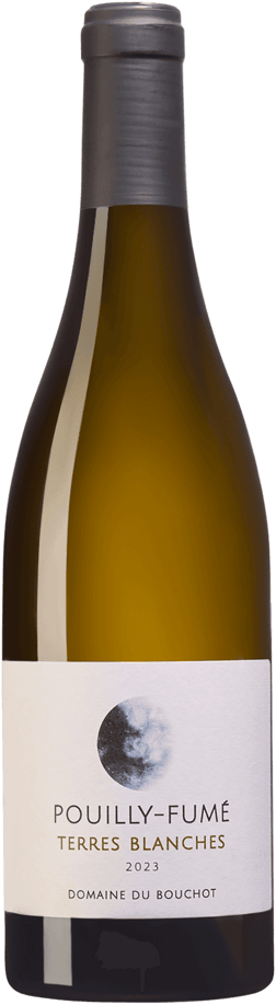En glasflaska med Domaine du Bouchot Pouilly Fumé Terres Blanches 2023, ett vitt vin från Loiredalen i Frankrike