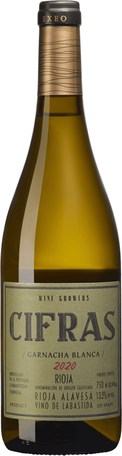 En lättare glasflaska med Creaciones Exeo Cifras Blanco 2020, ett vitt vin från Rioja i Spanien