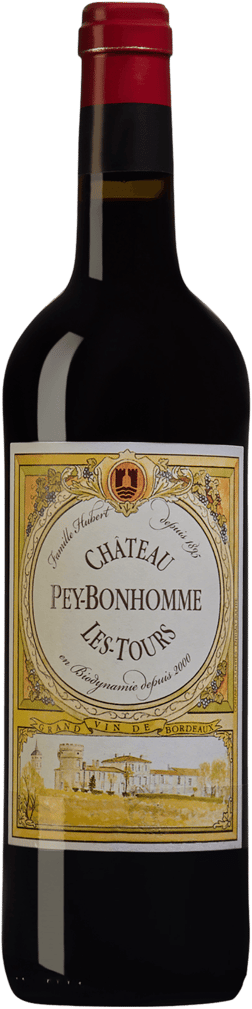 En glasflaska med Vignobles Bossuet-Hubert Château Peybonhomme-les-Tours 2022, ett rött vin från Bordeaux i Frankrike