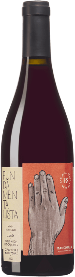 En glasflaska med Finca Sandoval Fundamentalista Manchuela 2023, ett rött vin från Kastilien-La Mancha i Spanien