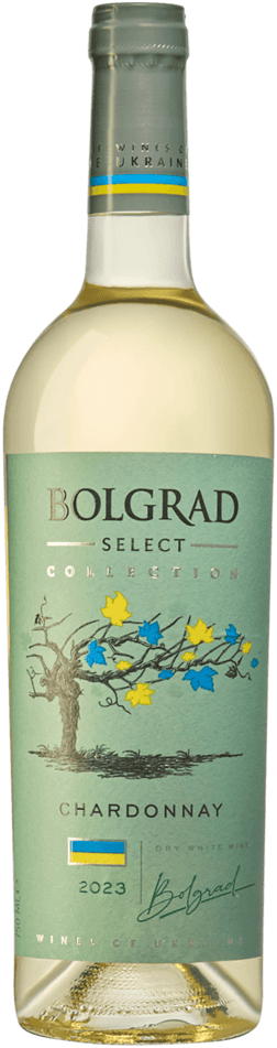 En glasflaska med Bolgrad Select Chardonnay 2023, ett vitt vin från Ukraina