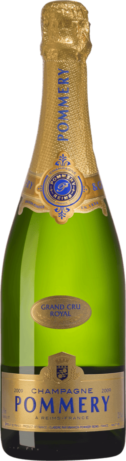 En glasflaska med Pommery Grand Cru Royal 2009, ett champagne från Champagne i Frankrike