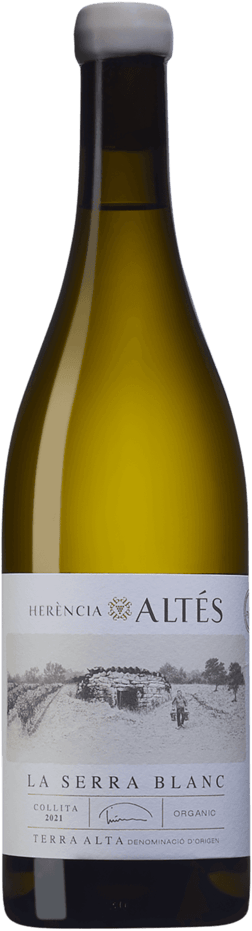 En glasflaska med De Haan Altés La Serra Blanc 2021, ett vitt vin från Katalonien i Spanien