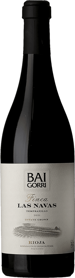En glasflaska med Baigorri Finca Las Navas Tempranillo 2021, ett rött vin från Rioja i Spanien