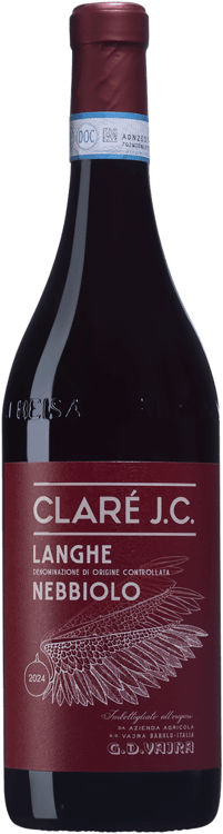 En glasflaska med G.D. Vajra Claré JC Langhe Nebbiolo, ett rött vin från Piemonte i Italien