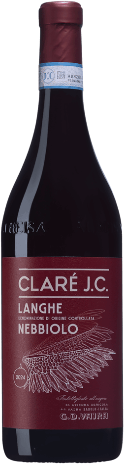 En glasflaska med G.D. Vajra Claré J.C. Langhe Nebbiolo 2024, ett rött vin från Piemonte i Italien