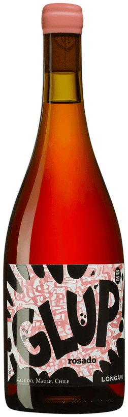 En lättare glasflaska med Glup Rosado Longavi 2023, en rosévin från Valle Central i Chile