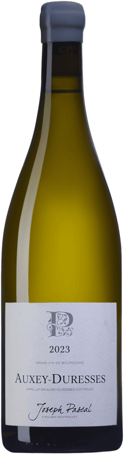 En glasflaska med Domaine Joseph Pascal Auxey-Duresses 2023, ett vitt vin från Bourgogne i Frankrike