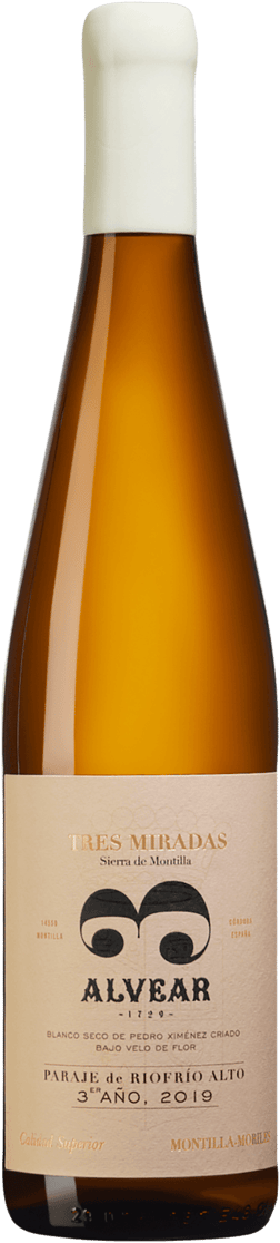 En glasflaska med Alvear Paraje de Riofrío Alto 3 Miradas 2019, ett vitt vin från Andalusien i Spanien