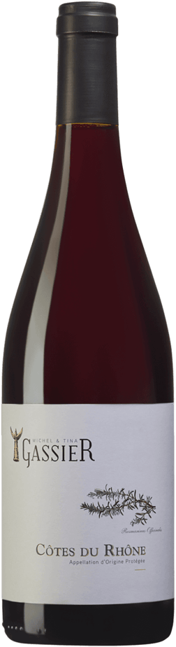 En glasflaska med Domaine Gassier Côtes du Rhône 2022, ett rött vin från Rhonedalen i Frankrike