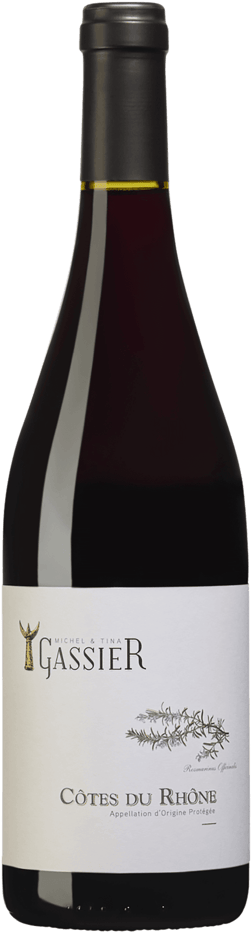 En glasflaska med Domaine Gassier Côtes du Rhône 2023, ett rött vin från Rhonedalen i Frankrike