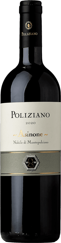 En glasflaska med Poliziano Asinone Vino Nobile di Montepulciano 2020, ett rött vin från Toscana i Italien