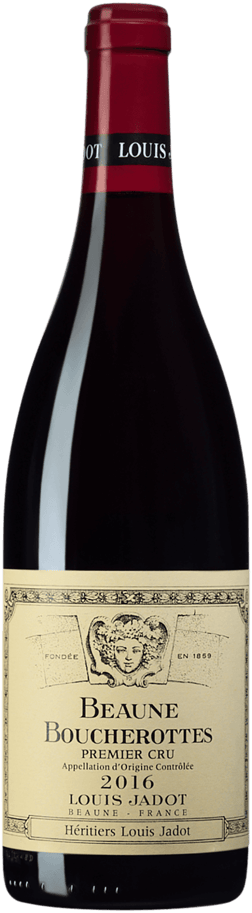 En glasflaska med Domaine de Héritieres Louis Jadot Beaune Boucherottes Premier Cru 2016, ett rött vin från Bourgogne i Frankrike