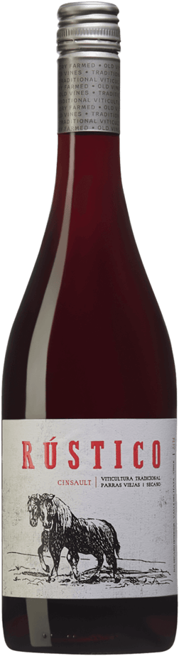 En lättare glasflaska med Viña Bouchon Rústico Cinsault 2023, ett rött vin från Région del Sur i Chile
