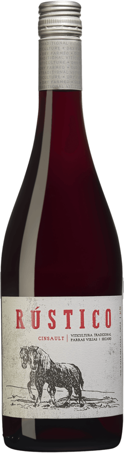 En lättare glasflaska med Viña Bouchon Rústico Cinsault 2023, ett rött vin från Région del Sur i Chile