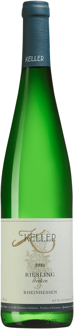 En glasflaska med Weingut Keller Riesling Trocken 2022, ett vitt vin från Rheinhessen i Tyskland