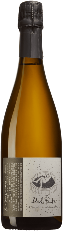 En glasflaska med Catherine et Pierre Breton Vouvray Brut La Dilettante, en mousserande från Loiredalen i Frankrike
