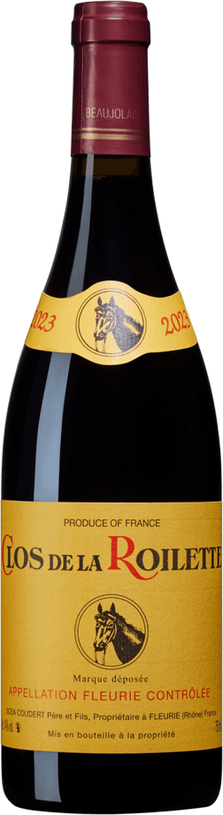 En lättare glasflaska med Clos de la Roilette Fleurie 2023, ett rött vin från Bourgogne i Frankrike