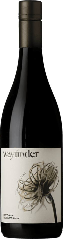 En lättare glasflaska med Wayfinder Syrah 2022, ett rött vin från Western Australia i Australien