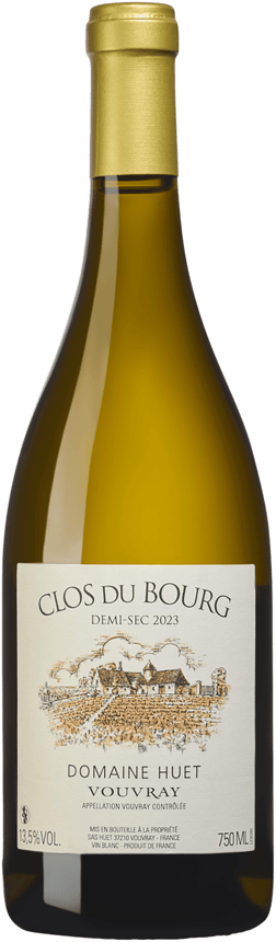 En lättare glasflaska med Domaine Huet Clos du Bourg Demi-Sec 2023, ett vitt vin från Loiredalen i Frankrike