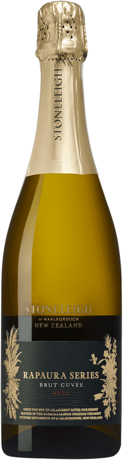 En glasflaska med Stoneleigh Rapaura Series Brut Cuvée 2022, en mousserande från Marlborough i Nya Zeeland