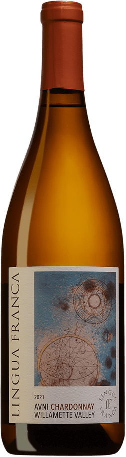 En glasflaska med Lingua Franca AVNI Chardonnay 2021, ett vitt vin från Oregon i USA