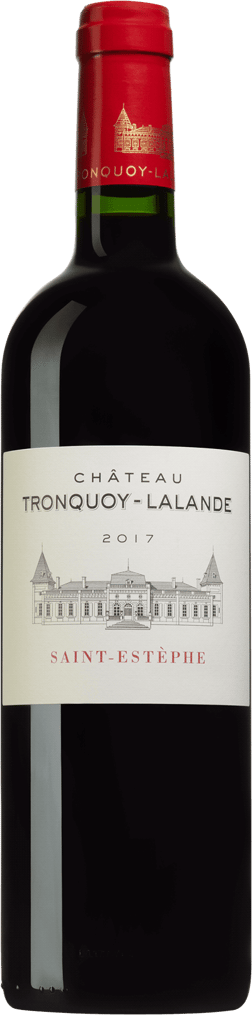 En glasflaska med Château Tronquoy Lalande 2017, ett rött vin från Bordeaux i Frankrike