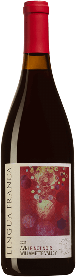 En glasflaska med Lingua Franca AVNI Pinot Noir 2021, ett rött vin från Oregon i USA