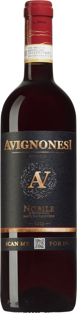 En glasflaska med Avignonesi Vino Nobile di Montepulciano 2019, ett rött vin från Toscana i Italien