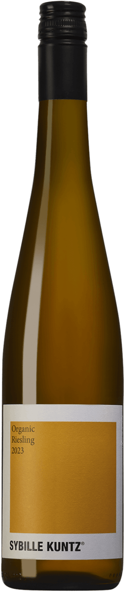 En glasflaska med Sybille Kuntz Orange Riesling 2023, ett vitt vin från Mosel i Tyskland