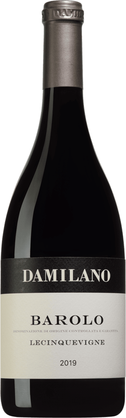 En glasflaska med Damilano Barolo Lecinquevigne 2019, ett rött vin från Piemonte i Italien