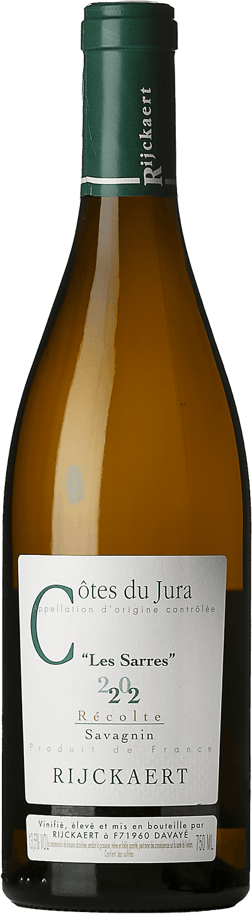 En glasflaska med Rijckaert Côtes du Jura Les Sarres Savagnin 2022, ett vitt vin från Jura i Frankrike