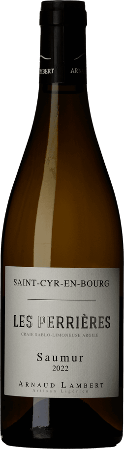 En glasflaska med Arnaud Lambert Saumur Blanc Les Perrières 2022, ett vitt vin från Loiredalen i Frankrike